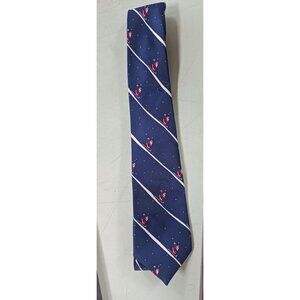 Men's Christmas Tie Navy Blue W/Santa on Ski Over White Stripe